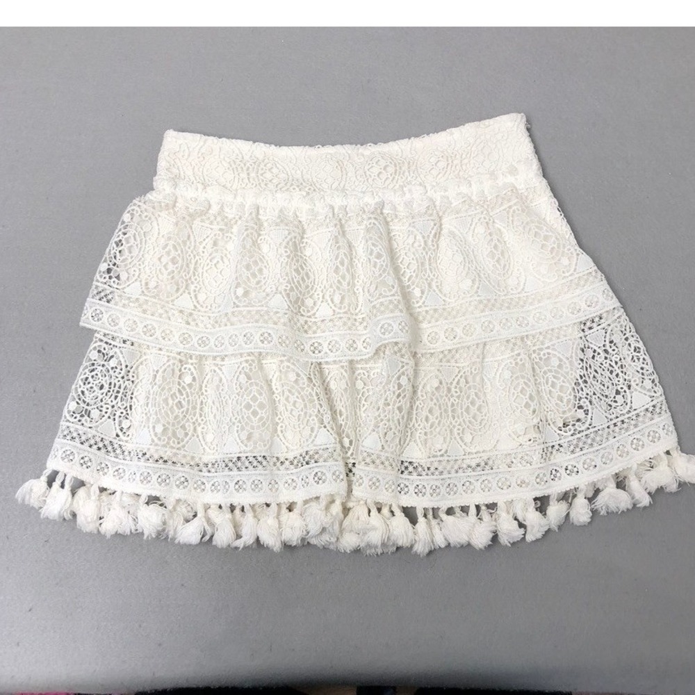 Anine Bing White Lace Tiered Mini Skirt with Tassel Trim